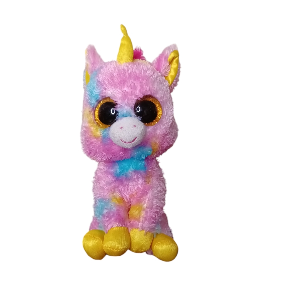 Ty Beanie Boo "Fantasia" Pink & Yellow Unicorn Plush with Rainbow Spots